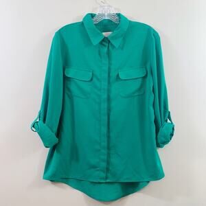 Chico’s Kelly Green Roll Tab Sleeves Button Down Top